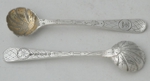 Pair Victorian saltspoons engraved shell bowls London 1868 George Adams
