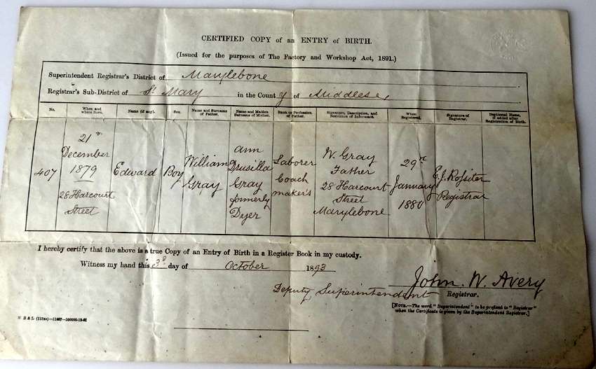 Edward Gray birth certificate