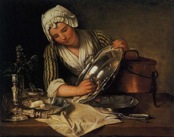 French painting of maid cleaning silver